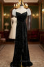 Black Velvet Puff Sleeve Pleats Formal Prom Dress With Split