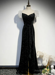 Black Velvet Puff Sleeve Pleats Prom Dress With Split