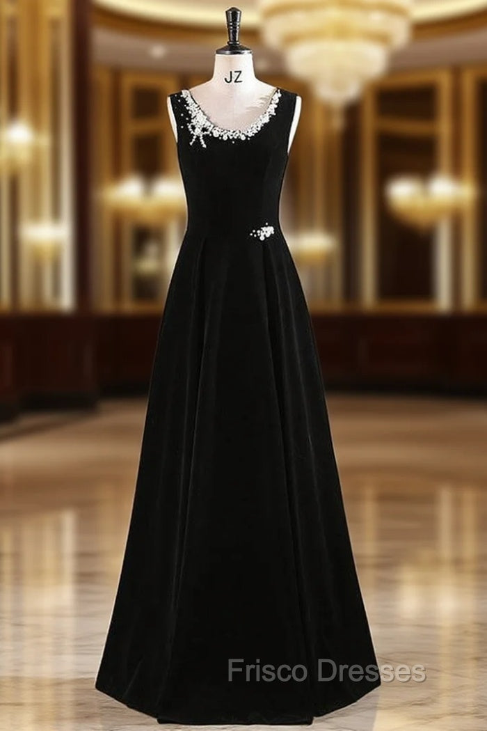 Black Velvet Scoop Neck Pearls Formal Prom Dress Main image