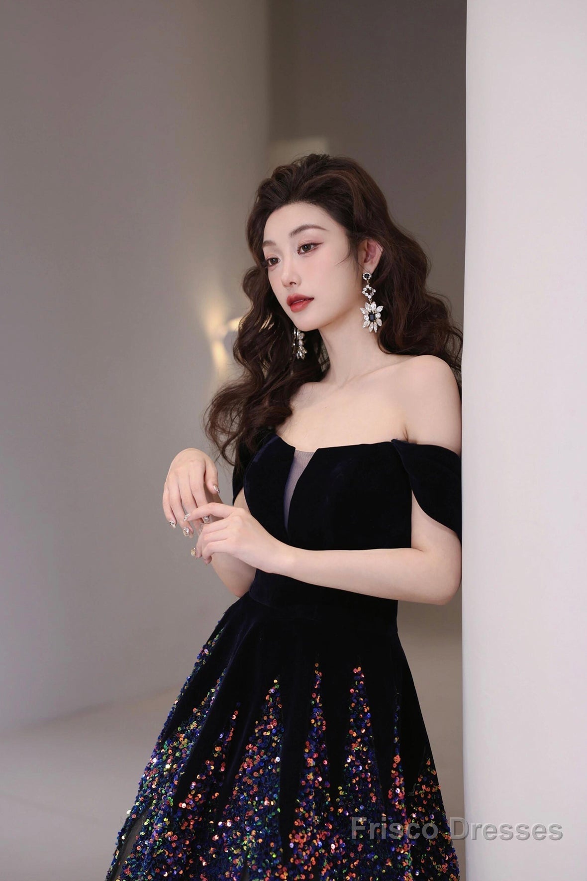 Black Velvet Sequins Long Prom Dress, Beautiful A-Line Tulle Party Dress Secondary image