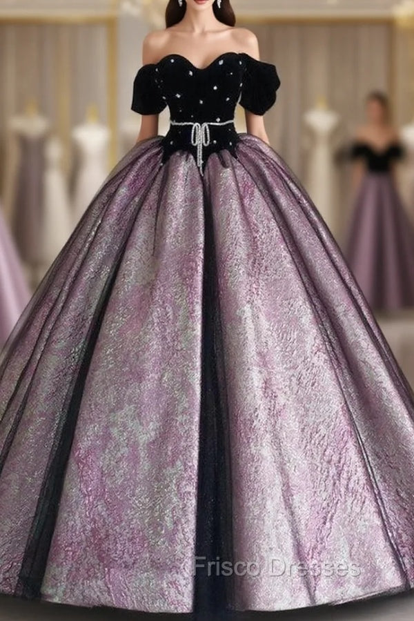 Black Velvet Short Sleeve Ball Gown Formal Prom Dress