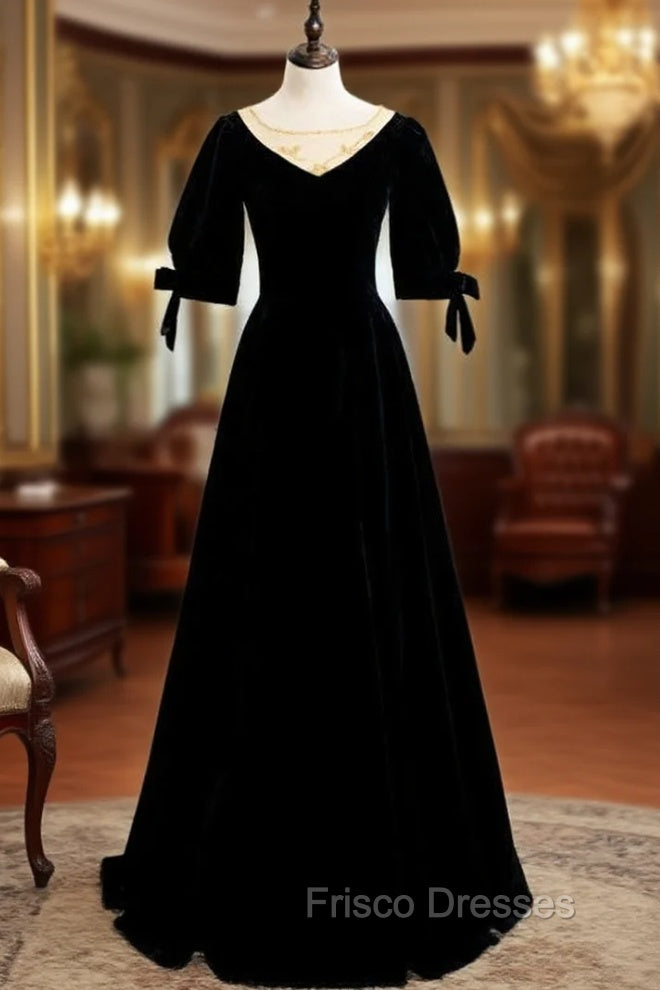 Black Velvet Short Sleeve Beading Formal Prom Dress