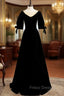 Black Velvet Short Sleeve Beading Formal Prom Dress