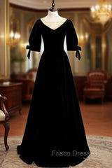 Black Velvet Short Sleeve Beading Formal Prom Dress
