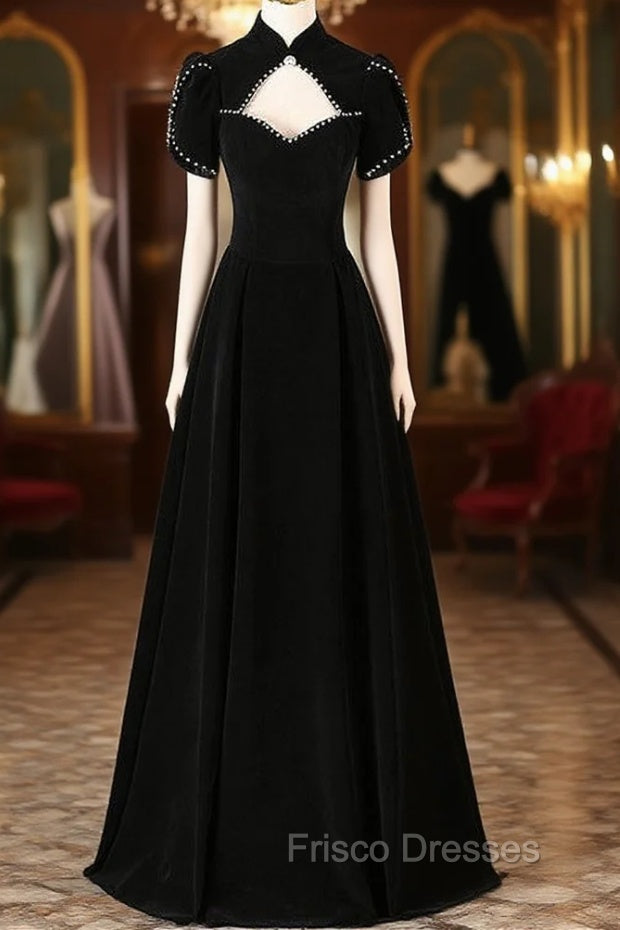 Black Velvet Short Sleeve High Neck Formal Prom Dress Main image
