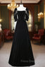 Black Velvet Short Sleeve Pearls Formal Prom Dress