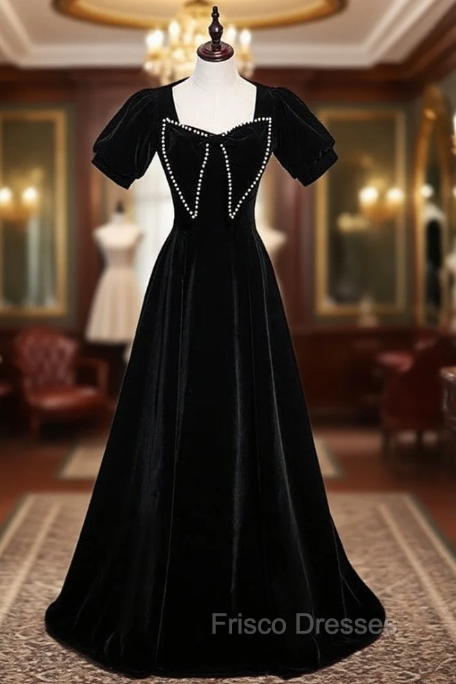 Black Velvet Short Sleeve Pearls Formal Prom Dress Main image