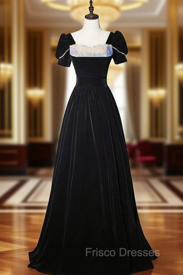 Black Velvet Short Sleeve Sequins Formal Prom Dress Main image