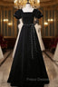 Black Velvet Short Sleeve Square Neck Pearls Formal Prom Dress