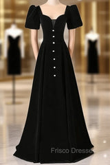 Black Velvet Short Sleeve Square Neck Formal Prom Dress