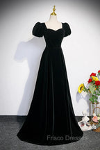 Black Velvet Short Sleeves Floor Length Long Formal Prom Dress, Black Velvet Long Formal Evening Dress