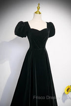 Black Velvet Short Sleeves Floor Length Long Formal Prom Dress, Black Velvet Long Formal Evening Dress