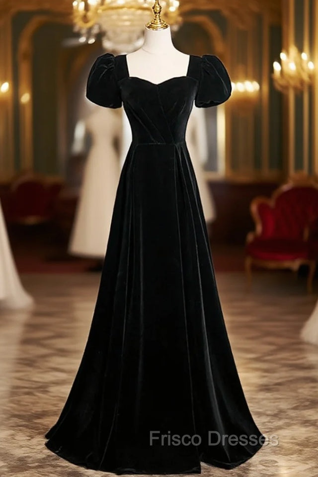 Black Velvet Short Sleeves Floor Length Long Formal Prom Dress, Black Velvet Long Formal Evening Dress