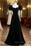 Black Velvet Short Sleeves Floor Length Long Formal Prom Dress, Black Velvet Long Formal Evening Dress