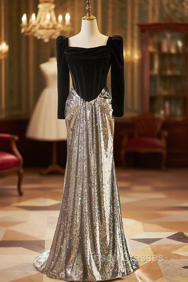 Black Velvet Silver Sequins Long Sleeve Formal Prom Dress