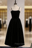 Black Velvet Spagehtti Straps Pearls Formal Prom Dress