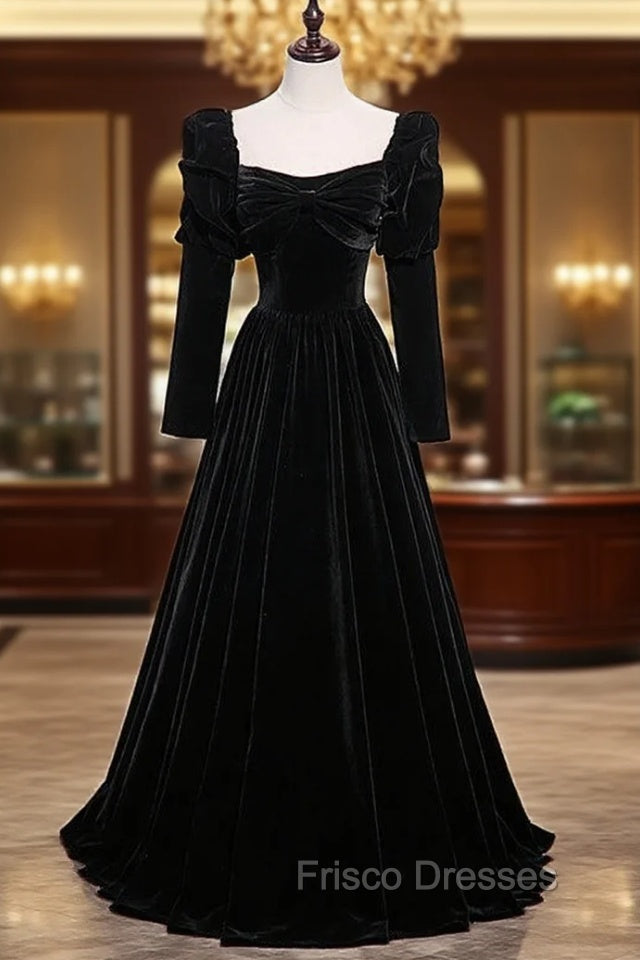 Black Velvet Square Bow Long Sleeve Formal Prom Dress
