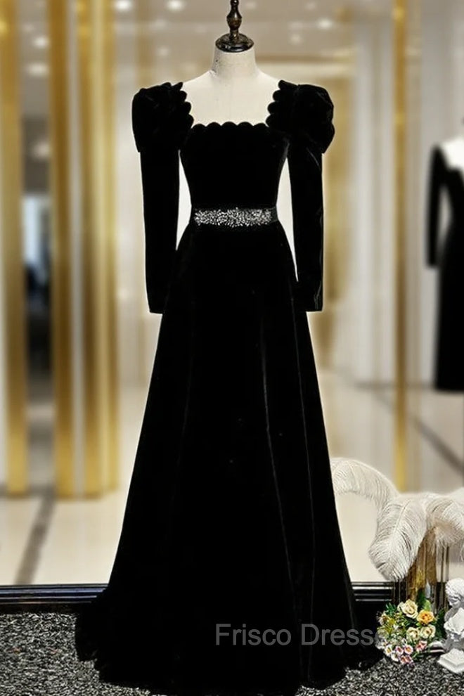Black Velvet Square Long Sleeve Formal Prom Dress With Belt Main image