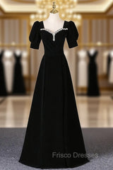 Black Velvet Square Neck Short Sleeve Beading Formal Prom Dress