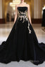 Black Velvet Strapless Crystal With Long Train Wedding Dress