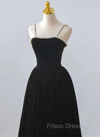 Black Velvet Straps Tea Length Party Dress, Black Velvet Homecoming Dress