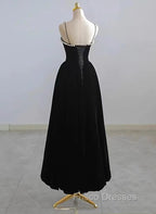 Black Velvet Straps Tea Length Party Dress, Black Velvet Homecoming Dress