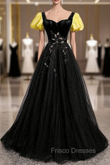 Black Velvet Tulle Square Short Sleeve Formal Prom Dress