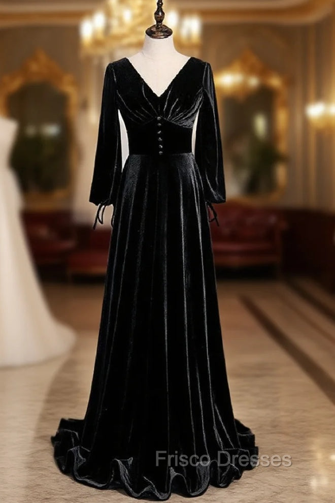 Black Velvet V-neck Long Sleeve Button Formal Prom Dress Main image