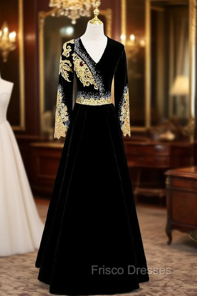 Black Velvet V-neck Long Sleeve Gold Beading Formal Prom Dress Main image