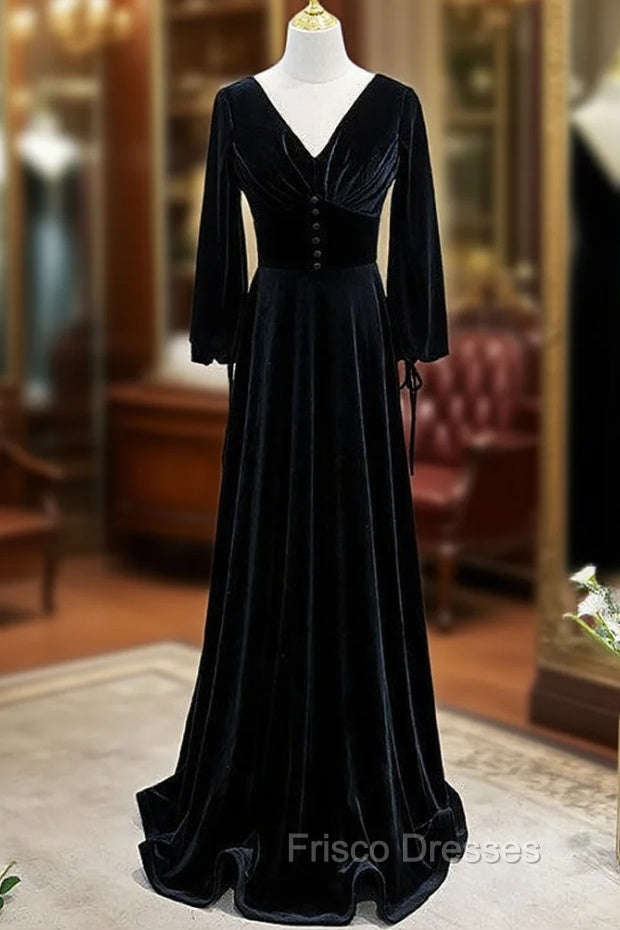 Black Velvet V-neck Long Sleeve Formal Prom Dress Main image