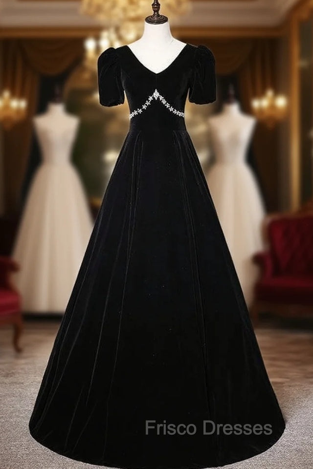 Black Velvet V-neck Short Sleeve Crystal Formal Prom Dress Main image
