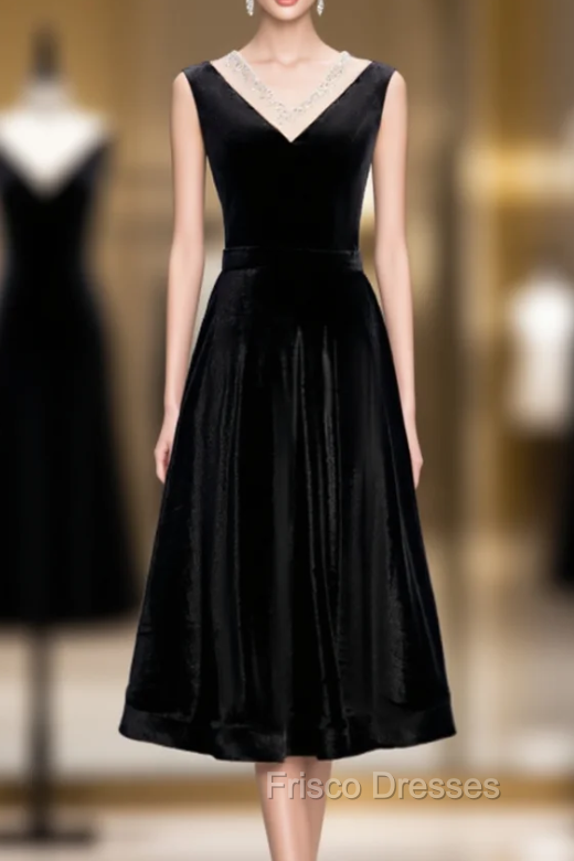 Black Velvet V-neck Short Sleeve Tea Length Formal Prom Dress