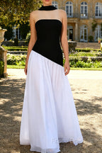 Black White A-Line Strapless Formal Dress With Halter Scarf