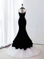 Black/White Velvet Mermaid Long Formal Prom Dress, Black Formal Dress