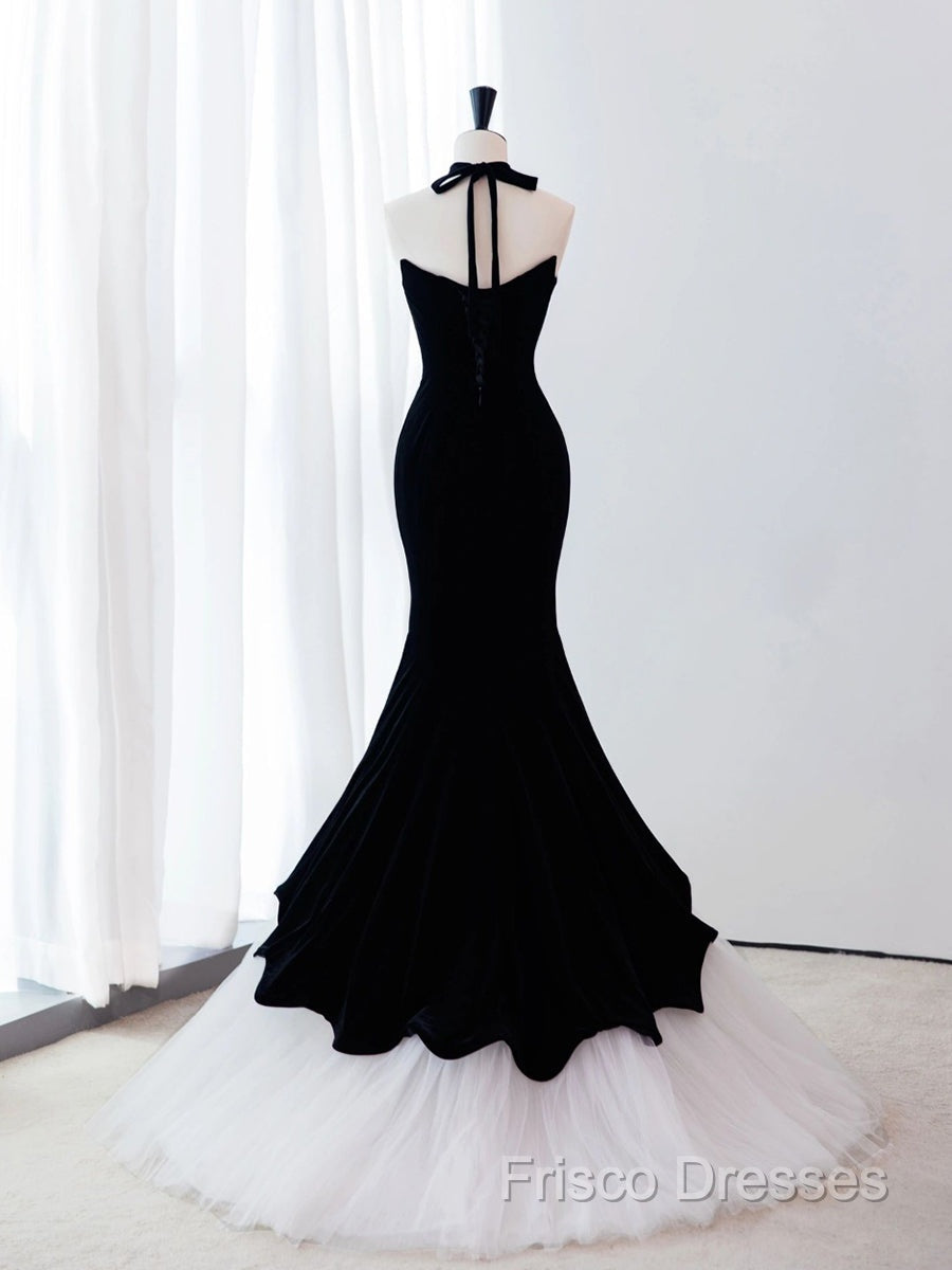 Black/White Velvet Mermaid Long Formal Prom Dress, Black Formal Dress