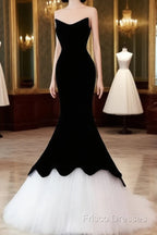 Black/White Velvet Mermaid Long Formal Prom Dress, Black Formal Dress