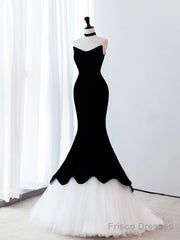 Black/White Velvet Mermaid Long Prom Dress, Black Formal Evening Dress