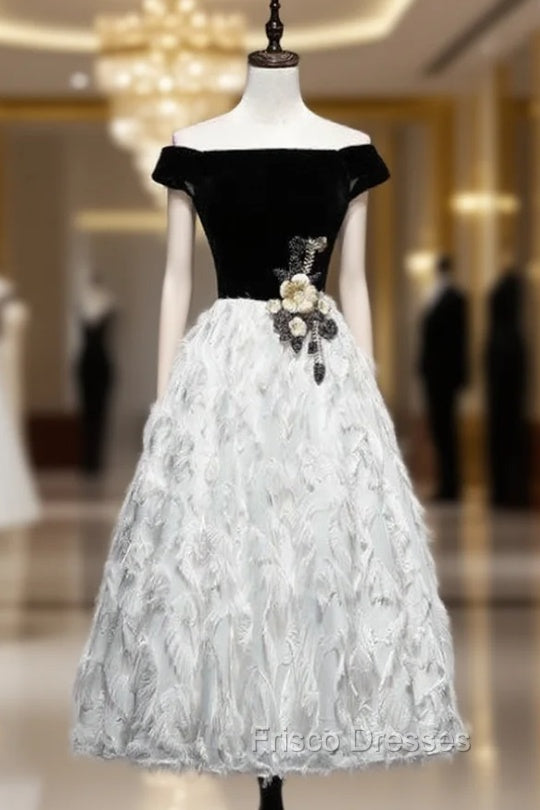 Black White Velvet Off the Shoulder Appliques Formal Prom Dress Main image