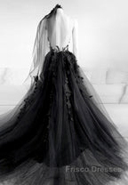Black Lace Long Formal Prom Dress, A-Line Backless Evening Dress