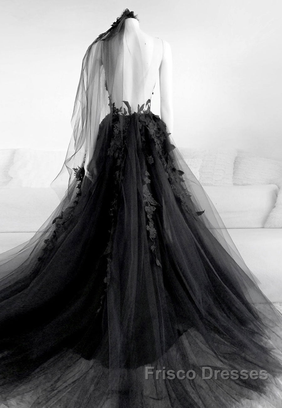 Black Lace Long Formal Prom Dress, A-Line Backless Evening Dress