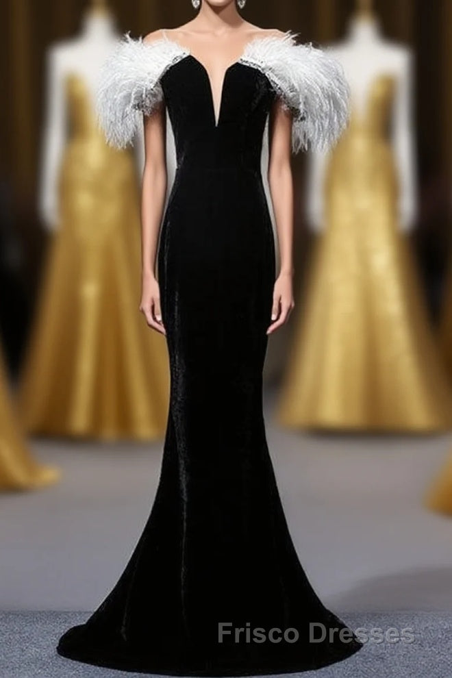 Black Velvet Mermaid Formal Prom Dress with Feather, Off the Shoulder Long Evening Gown Main image
