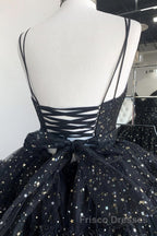 Bling Bling V Neck High Low Black Long Formal Prom Dresses, Fluffy Black Formal Evening Dresses, Ball Gown