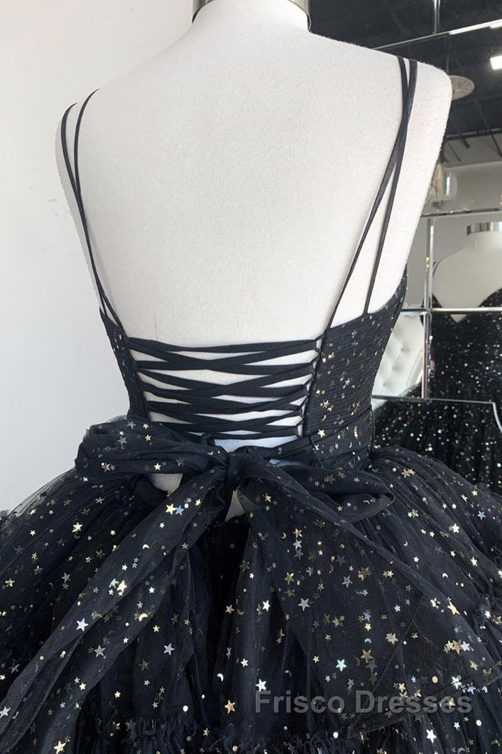 Bling Bling V Neck High Low Black Long Formal Prom Dresses, Fluffy Black Formal Evening Dresses, Ball Gown