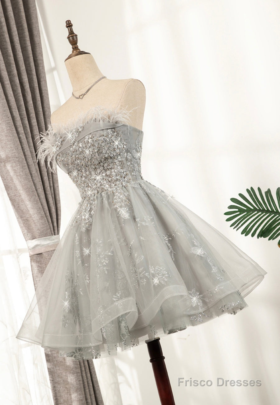 Gray Strapless Feather Short Prom Dresses, Cute Party Dresses Secondary image
