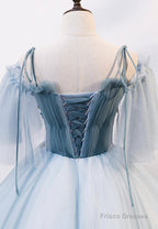 Lovely Spaghetti Strap Blue Long Prom Dresses, Lace Evening Dresses