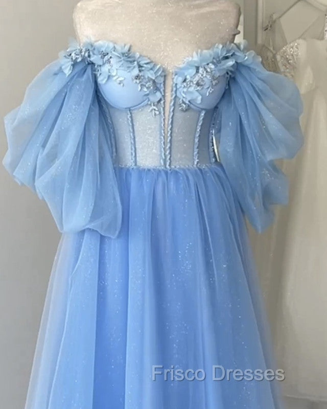 Blue A-Line Midi Tulle Corset Dress With Puffy Sleeves