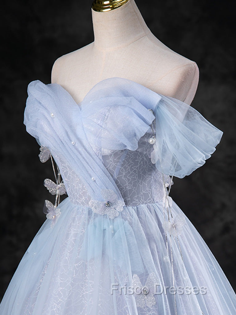 Blue A-Line Off Shoulder Tulle Long Formal Prom Dress, Blue Formal Dress Secondary image
