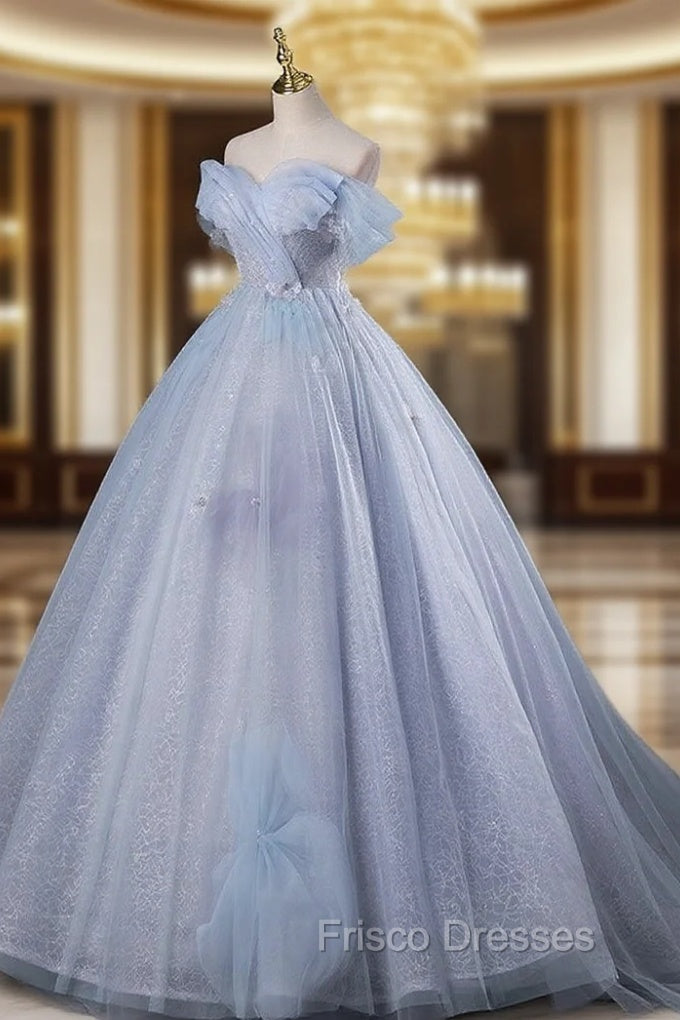 Blue A-Line Off Shoulder Tulle Long Formal Prom Dress, Blue Formal Dress Main image
