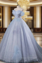 Blue A-Line Off Shoulder Tulle Long Formal Prom Dress, Blue Formal Dress