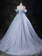 Blue A-Line Off Shoulder Tulle Long Formal Prom Dress, Blue Formal Dress